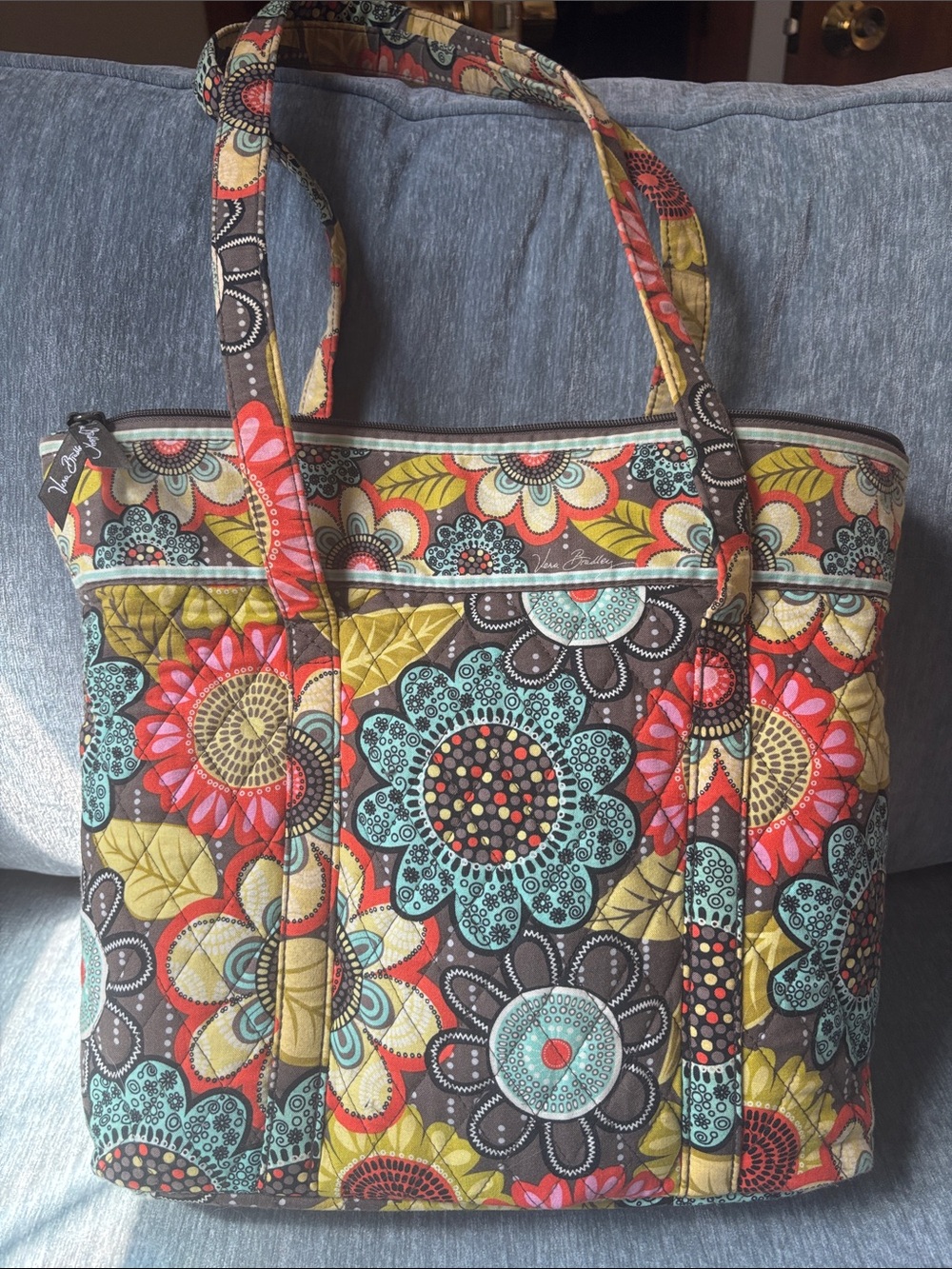 Vera Bradley Quilted Floral Tote in Brown, Teal, Red, Yellow